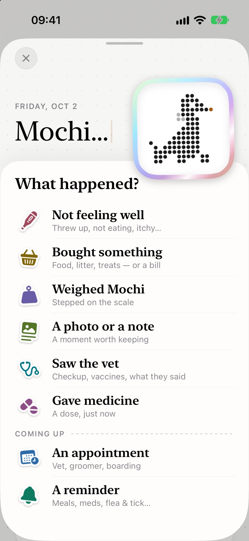 The Add sheet asking “What happened?”, with choices from not feeling well to a reminder