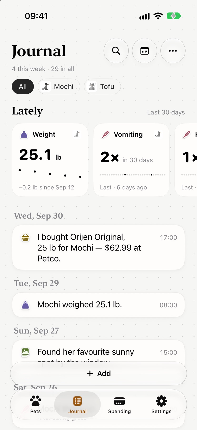 The Journal: weight over the last month, vomiting twice in 30 days, and recent entries written as sentences